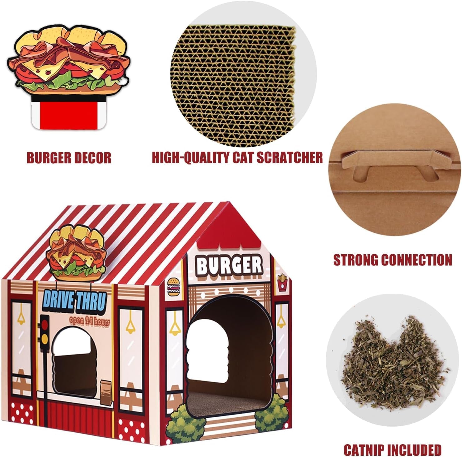 Cardboard Cat House with Scratcher/Catnip,(16.5''X12''X15'') Kitty Burger Shop for Indoor/Outdoor Cats,Cat Play House&Home Decor,Cat Scratch Toy for Cat Birthday,Hideout for Bunny&Small Animals